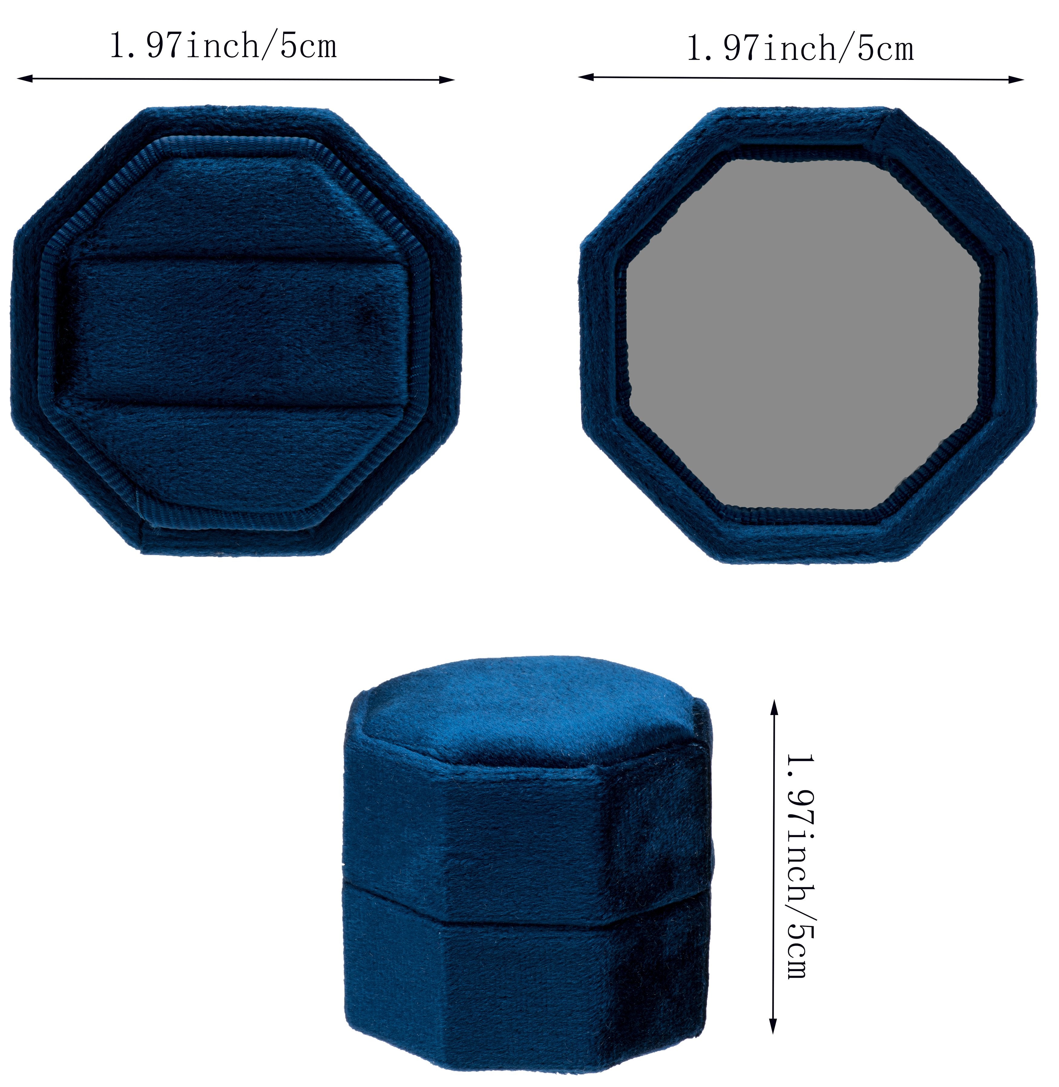 Premium Velvet Ring Box for Proposal Engagement Wedding Ceremony - Equilateral Octagon Vintage Double Ring Display Holder with Detachable Lid (Dark Blue)