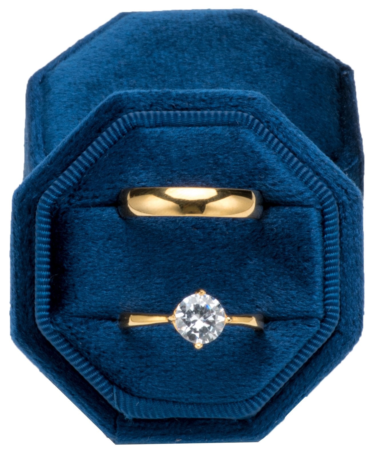 Premium Velvet Ring Box for Proposal Engagement Wedding Ceremony - Equilateral Octagon Vintage Double Ring Display Holder with Detachable Lid (Dark Blue)