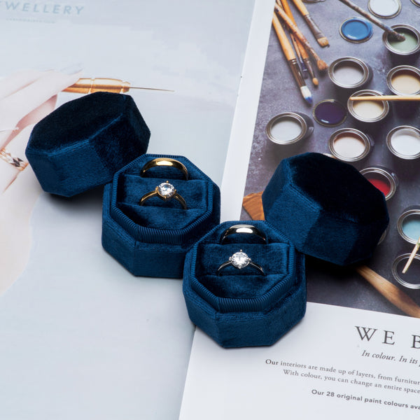 Premium Velvet Ring Box for Proposal Engagement Wedding Ceremony - Equilateral Octagon Vintage Double Ring Display Holder with Detachable Lid (Dark Blue)