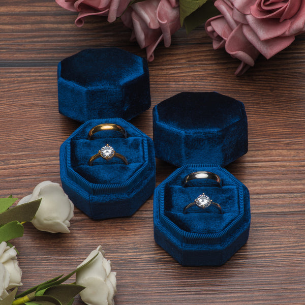 Premium Velvet Ring Box for Proposal Engagement Wedding Ceremony - Equilateral Octagon Vintage Double Ring Display Holder with Detachable Lid (Dark Blue)