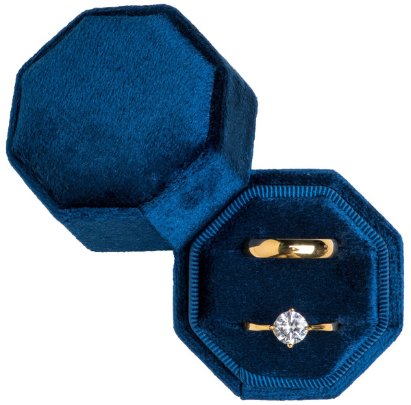 Premium Velvet Ring Box for Proposal Engagement Wedding Ceremony - Equilateral Octagon Vintage Double Ring Display Holder with Detachable Lid (Dark Blue)