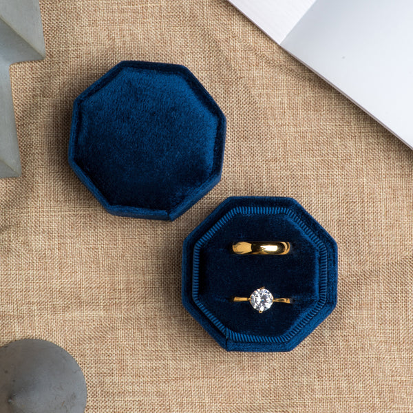 Premium Velvet Ring Box for Proposal Engagement Wedding Ceremony - Equilateral Octagon Vintage Double Ring Display Holder with Detachable Lid (Dark Blue)